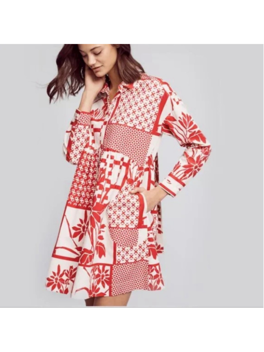 Anthropologie Red and White Patchwork Shirt Midi Dress